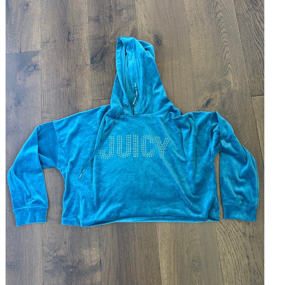 Juicy Couture Velour "JUICY" Rhinestone Cropped Hoodie Teal Blue Women's Size L